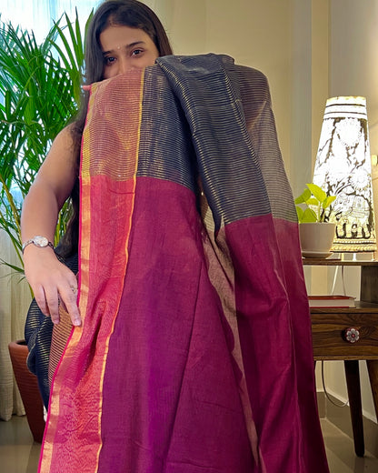 Zari tested handloom cotton festive saree in blue pink and golden