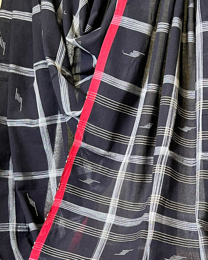 Black and white khadi cotton saree with red trim