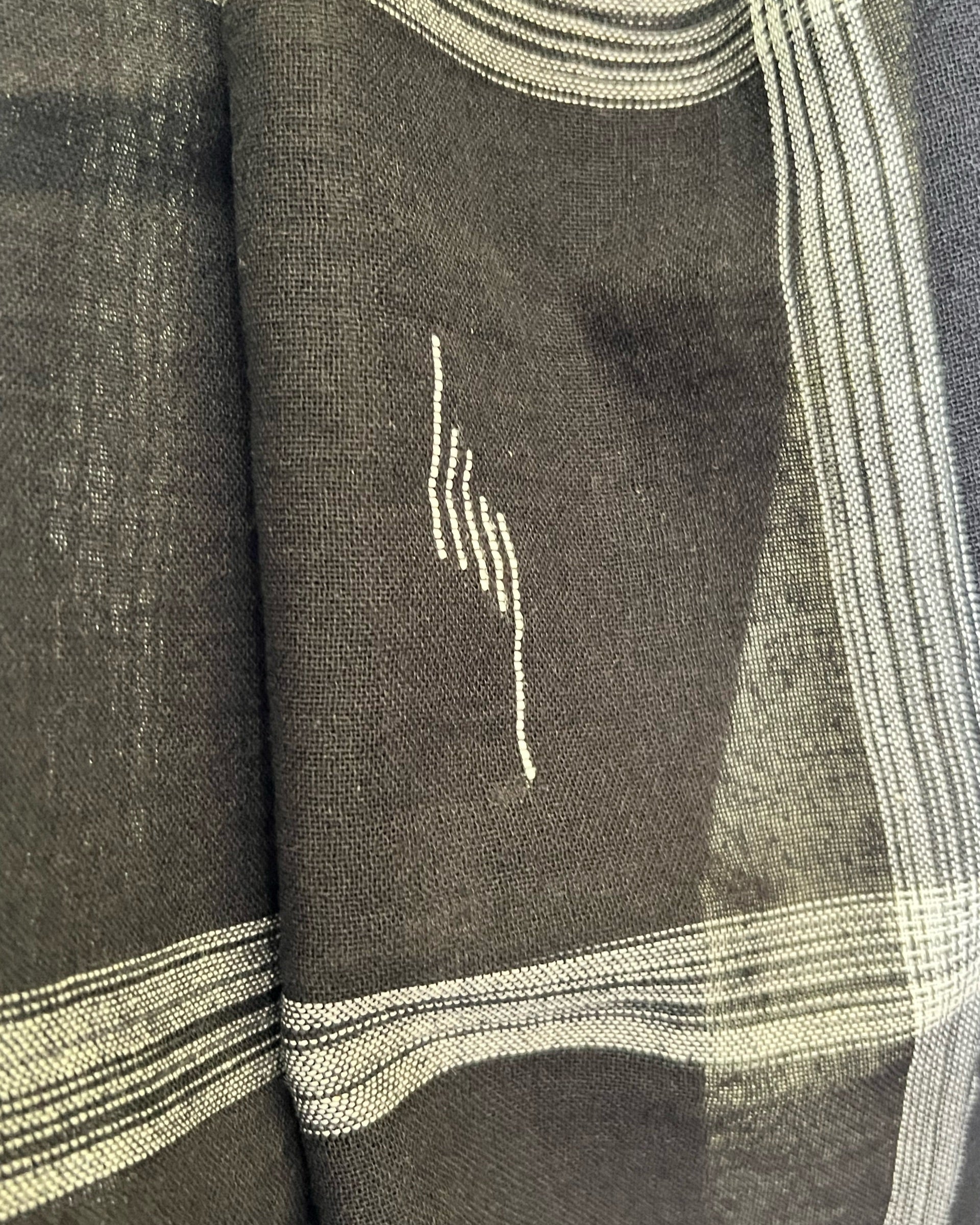 Close-up of a dark fabric with white embroidery and patterns