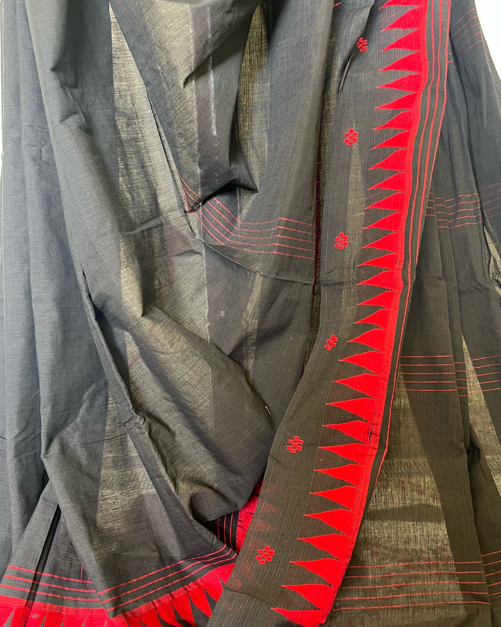 Black khadi cotton saree with red decorative border