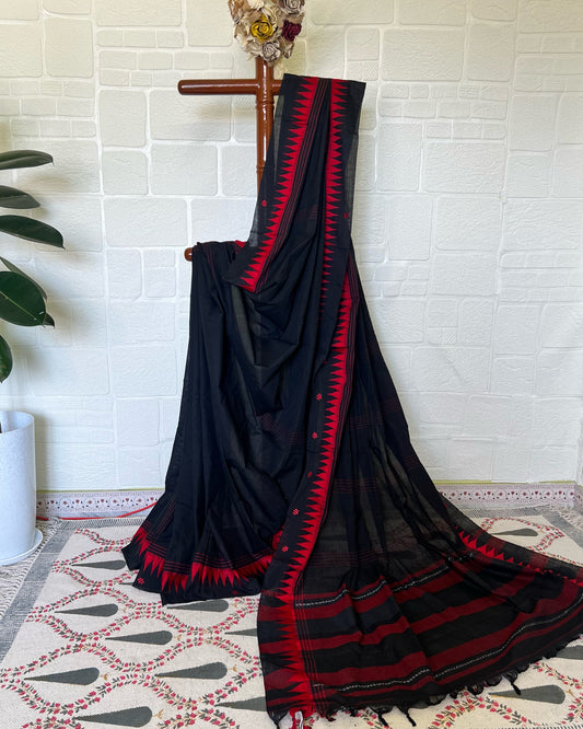 Chandika  |Black Red Bengal handloom cotton saree