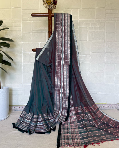 Meghbarna traditional teal Bengal handloom cotton saree with elegant woven details