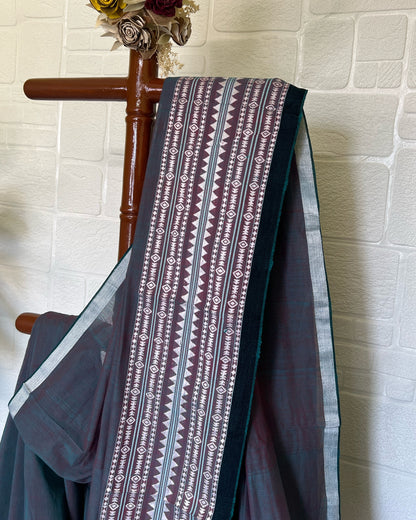 Traditional teal cotton saree handcrafted on Bengal handlooms with a timeless ethnic appeal