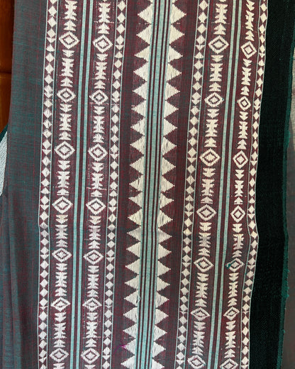 Detailed view of Meghbarna traditional teal Bengal handloom cotton saree featuring artisanal weave patterns