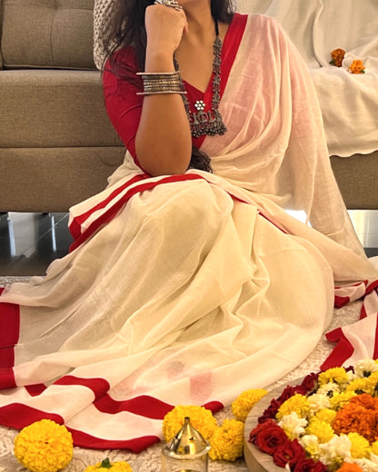 Soft and Comfortable Durga Puja Navaratri Red and White Mulmul Cotton Saree Collection