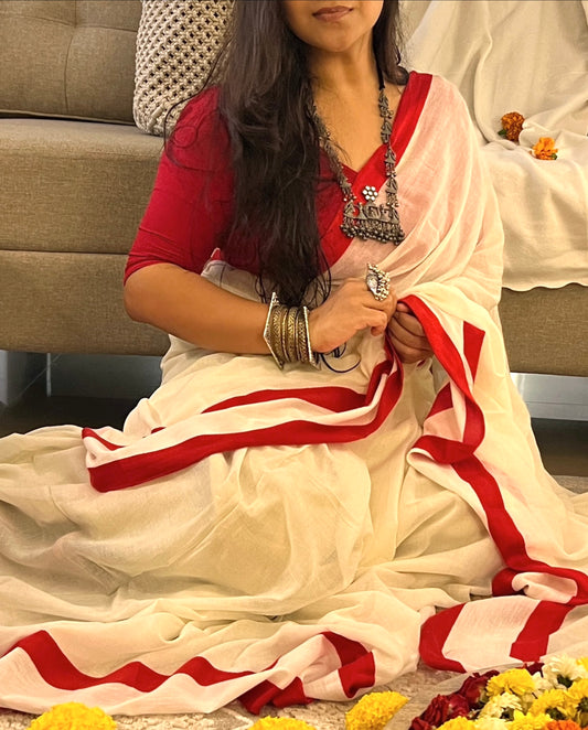 Soft and Comfortable Durga Puja Navaratri Red and White Mulmul Cotton Saree Collection