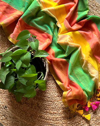 Multicolored striped soft and comfortable mulmul cotton saree for summer with golden zari detailing and paries