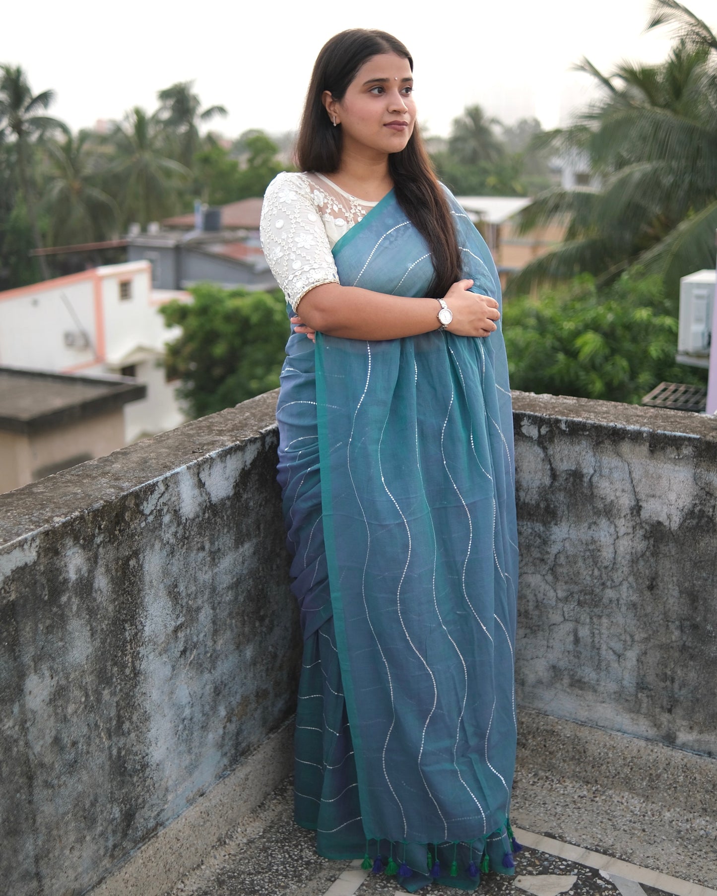 Soft and Comfortable mulmul cotton saree in dual tone purple violet and blue shade with sequin emblishment for festive or party wear at reasonable price