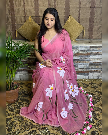 Soft and comfortable light weight pink mulmul cotton saree with floral hand painting good for day time wear