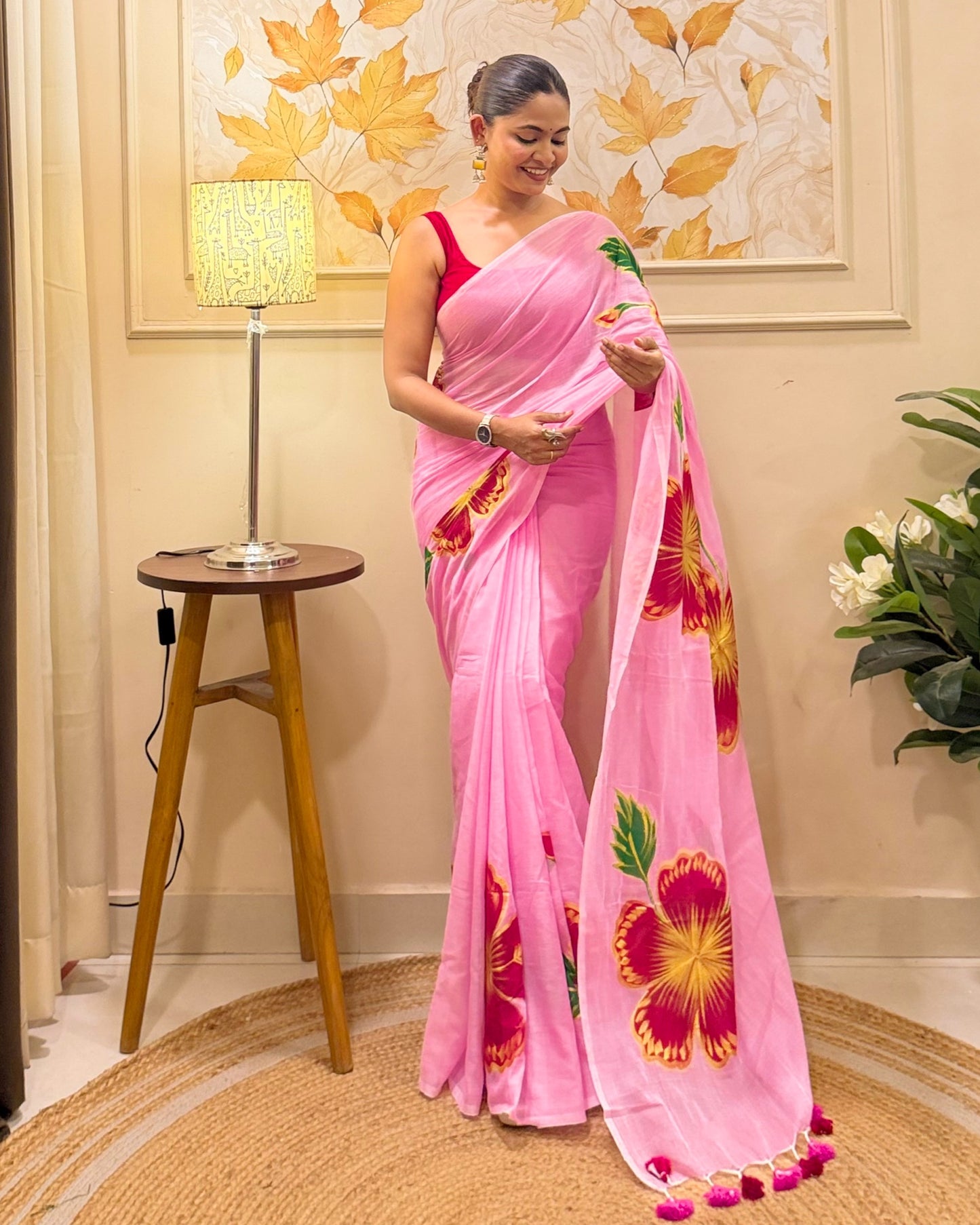 Blush Bloom  (Handpainted Pink Mulmul Saree)