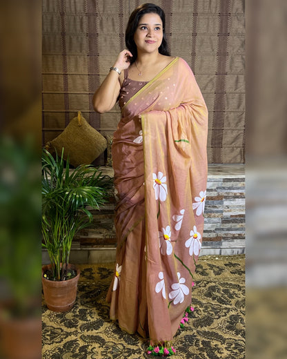 Soft and comfortable light weight dual tone beige and pink mulmul cotton saree with floral hand painting good for day time wear