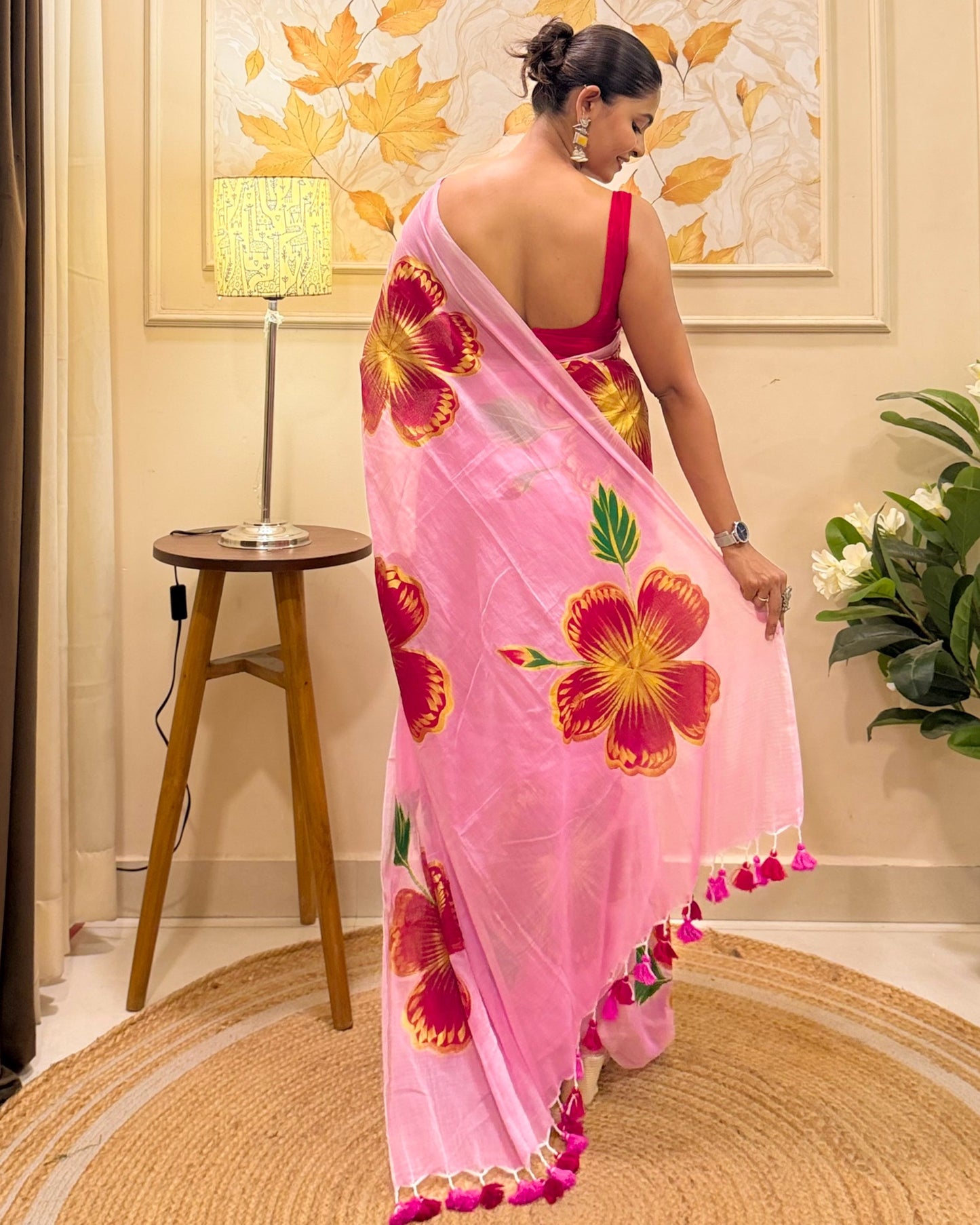 Blush Bloom  (Handpainted Pink Mulmul Saree)
