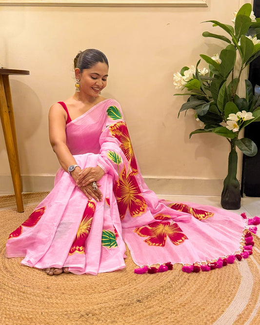 Blush Bloom  (Handpainted Pink Mulmul Saree)