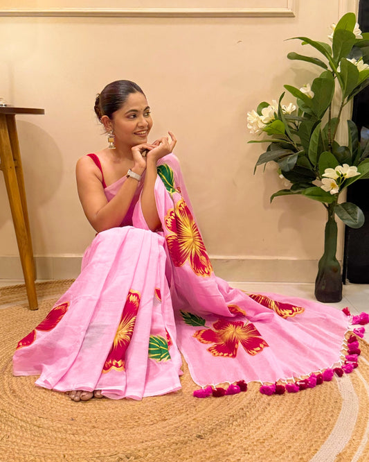 Blush Bloom  (Handpainted Pink Mulmul Saree)