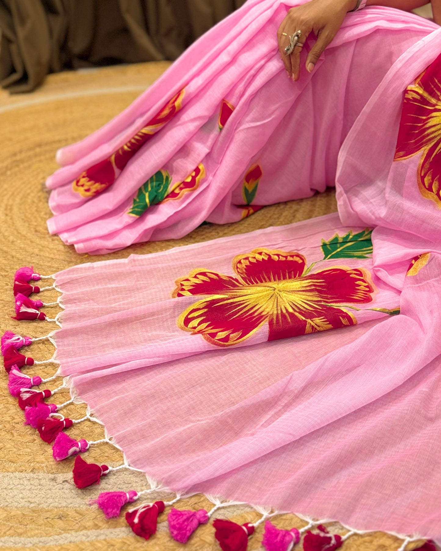 Blush Bloom  (Handpainted Pink Mulmul Saree)