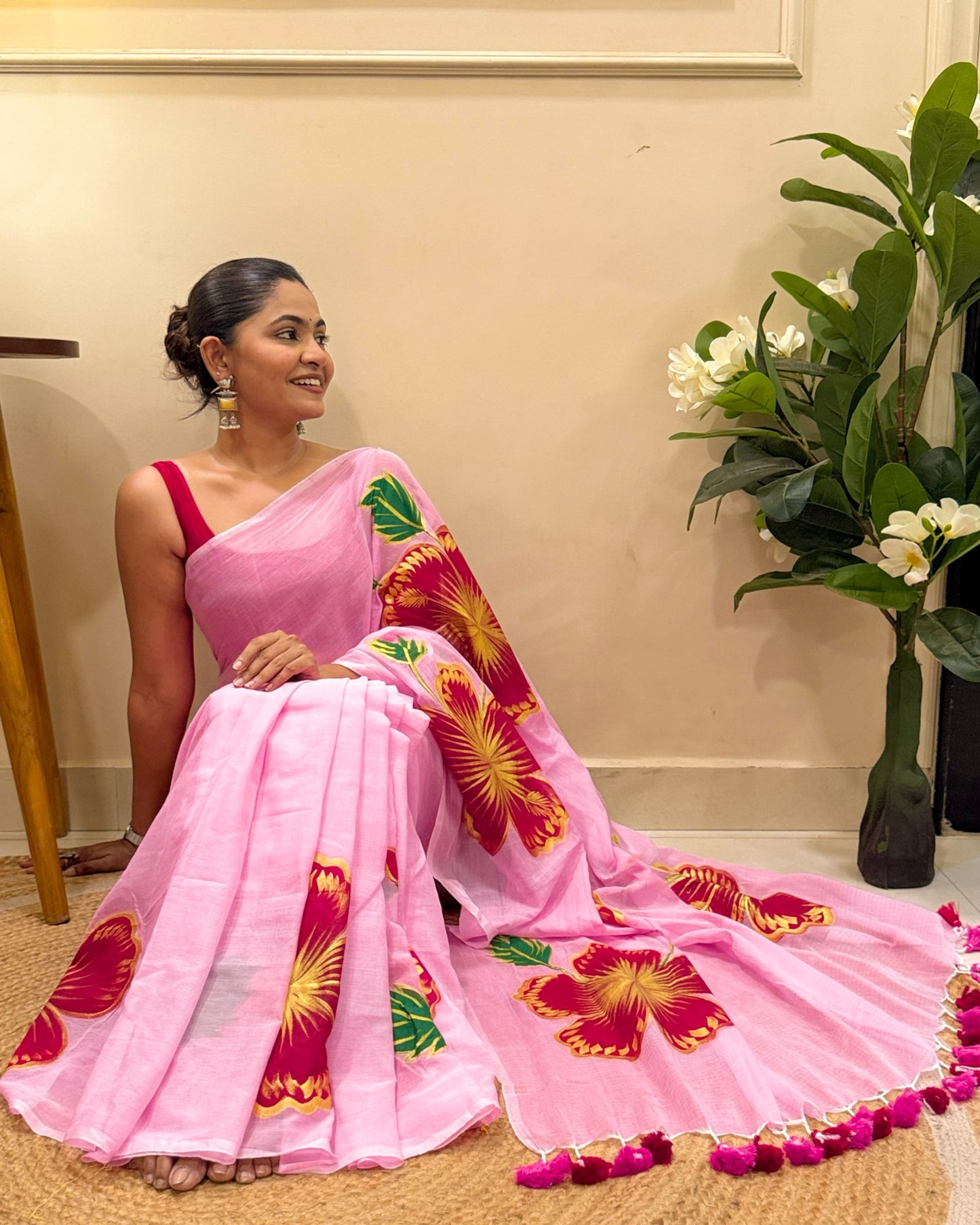 Blush Bloom  (Handpainted Pink Mulmul Saree)