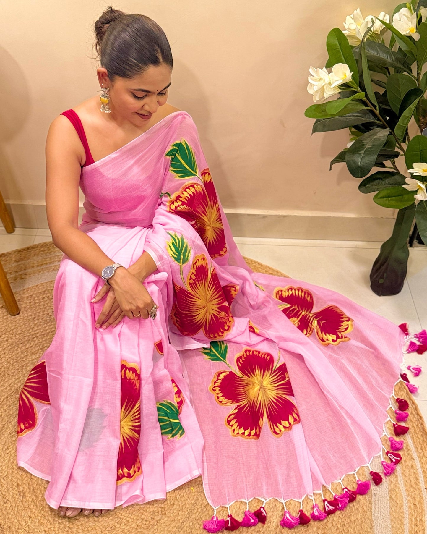Blush Bloom  (Handpainted Pink Mulmul Saree)
