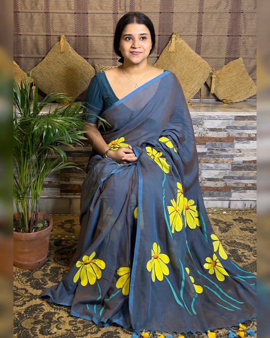 Soft and comfortable light weight dual tone blue mulmul cotton saree with floral hand painting good for day time wear