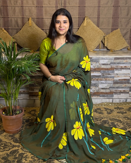 Soft and comfortable light weight dual tone emerald green mulmul cotton saree with floral hand painting good for day time wear