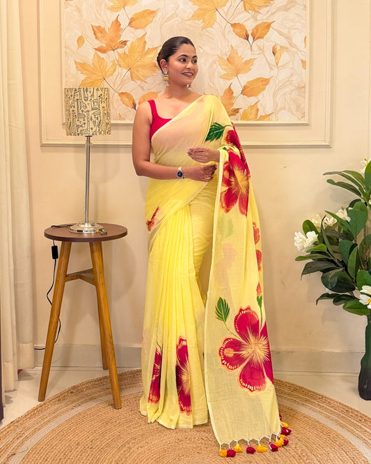 Peetambari (Handpainted Yellow Mulmul Saree)