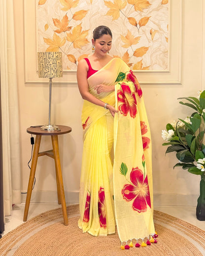 Peetambari (Handpainted Yellow Mulmul Saree)