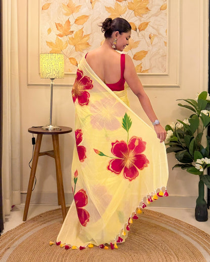 Peetambari (Handpainted Yellow Mulmul Saree)
