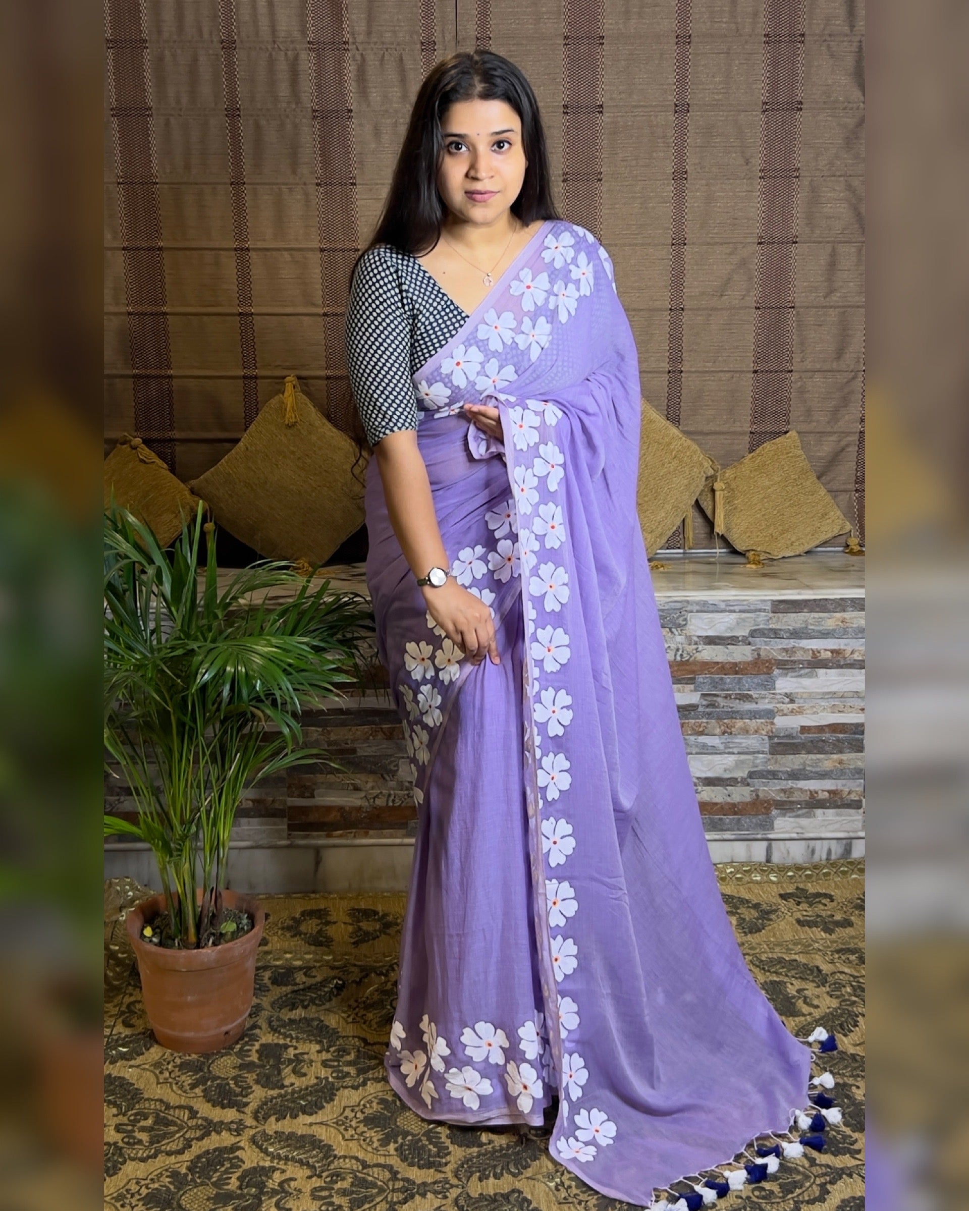 Buy Lavender Printed Kota Doria Saree with Chiffon Blouse Piece |  BGAE11/BG30JUL | The loom