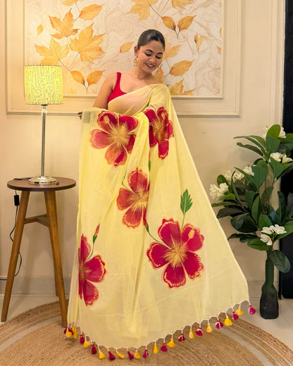 Peetambari (Handpainted Yellow Mulmul Saree)
