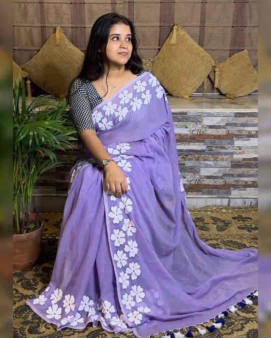 Soft and comfortable light weight lavender mulmul cotton saree with floral hand painting good for day time wear