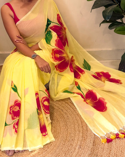 Peetambari (Handpainted Yellow Mulmul Saree)