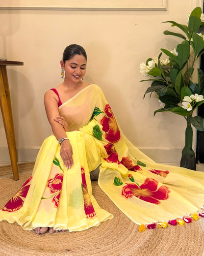 Peetambari (Handpainted Yellow Mulmul Saree)