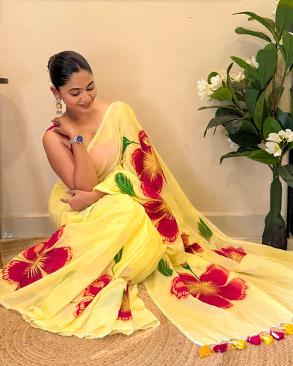 Peetambari (Handpainted Yellow Mulmul Saree)