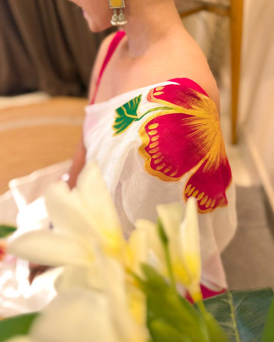 Joba  (Handpainted White Mulmul Saree)