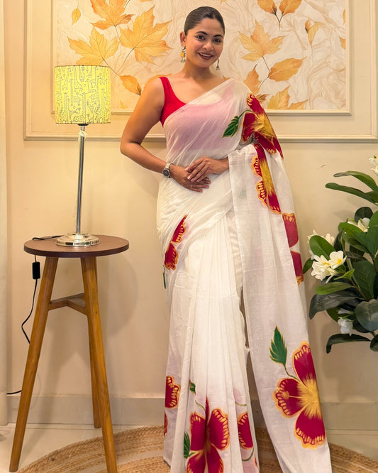 Joba  (Handpainted White Mulmul Saree)