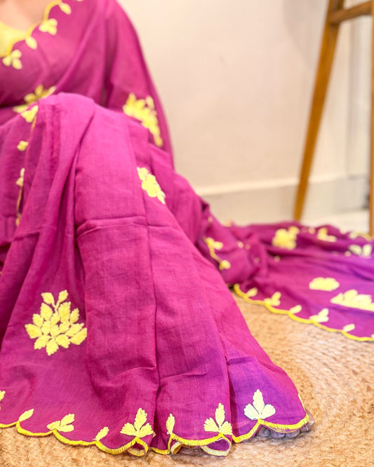 Amaltaas (Plum Embroidered Mulmul Saree)