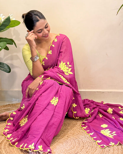 Amaltaas (Plum Hand Embroidered Mulmul Saree)