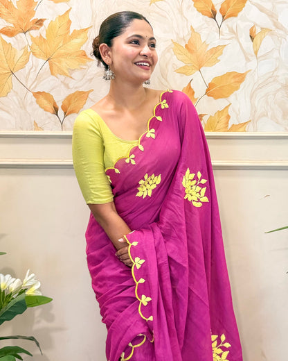 Amaltaas (Plum Hand Embroidered Mulmul Saree)