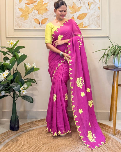 Amaltaas (Plum Hand Embroidered Mulmul Saree)