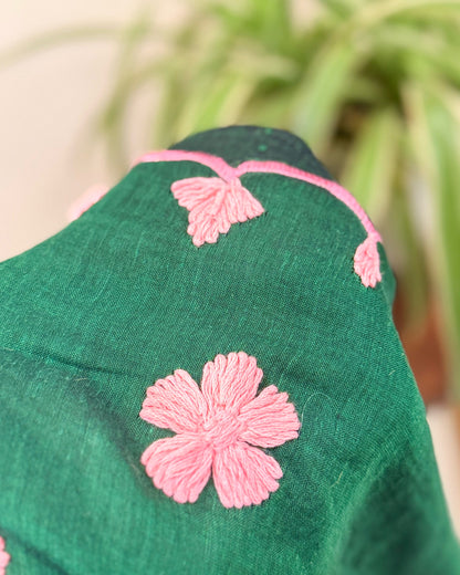 Meher Gul | Green Pink Hand Embroidered Mulmul Cotton Saree