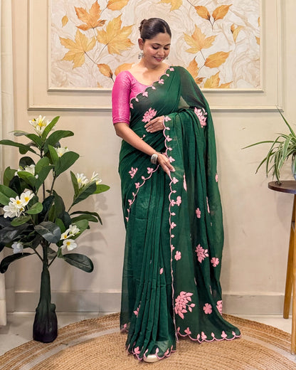 Meher Gul | Green Pink Hand Embroidered Mulmul Cotton Saree
