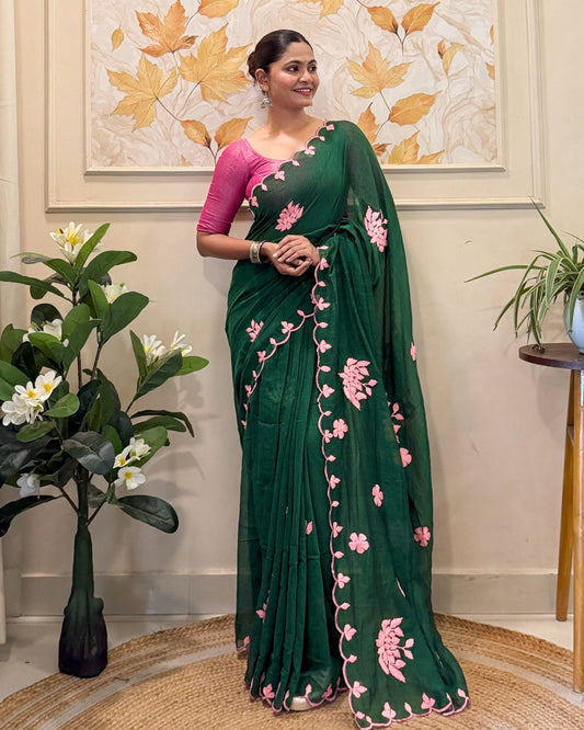 Meher Gul | Green Pink Hand Embroidered Mulmul Cotton Saree