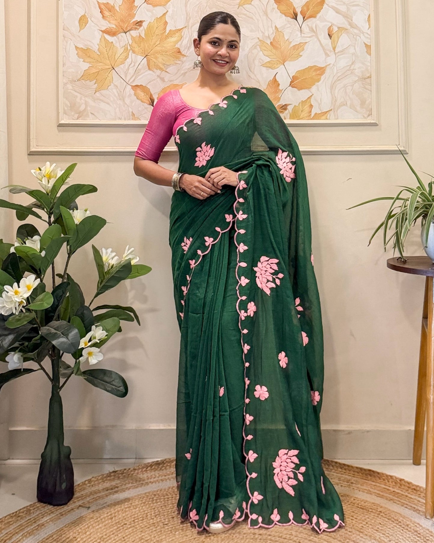 Meher Gul | Green Pink Hand Embroidered Mulmul Cotton Saree