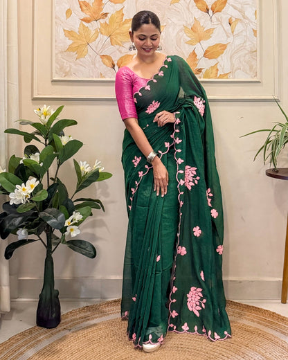 Meher Gul | Green Pink Hand Embroidered Mulmul Cotton Saree