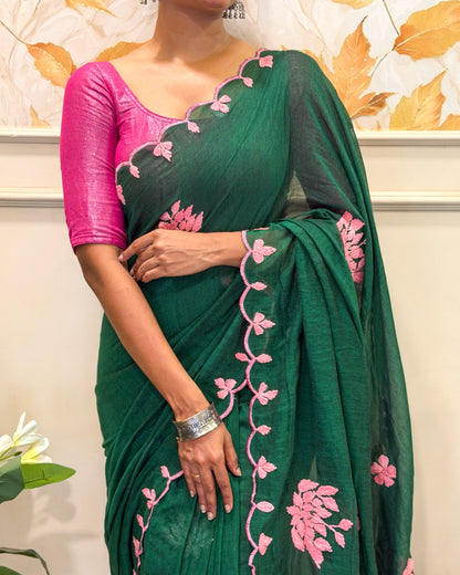 Meher Gul | Green Pink Hand Embroidered Mulmul Cotton Saree