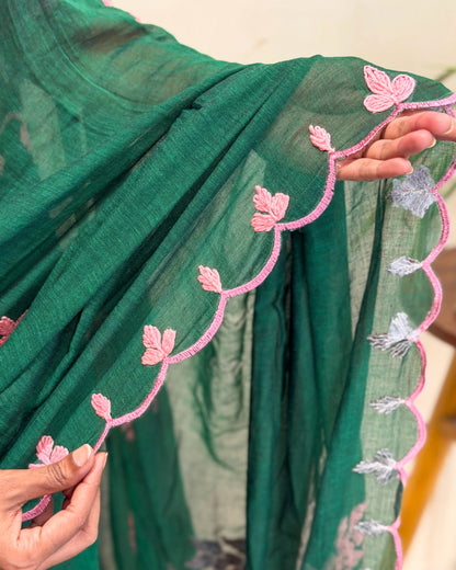 Meher Gul | Green Pink Hand Embroidered Mulmul Cotton Saree