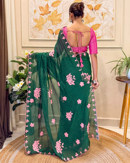 Meher Gul | Green Pink Hand Embroidered Mulmul Cotton Saree