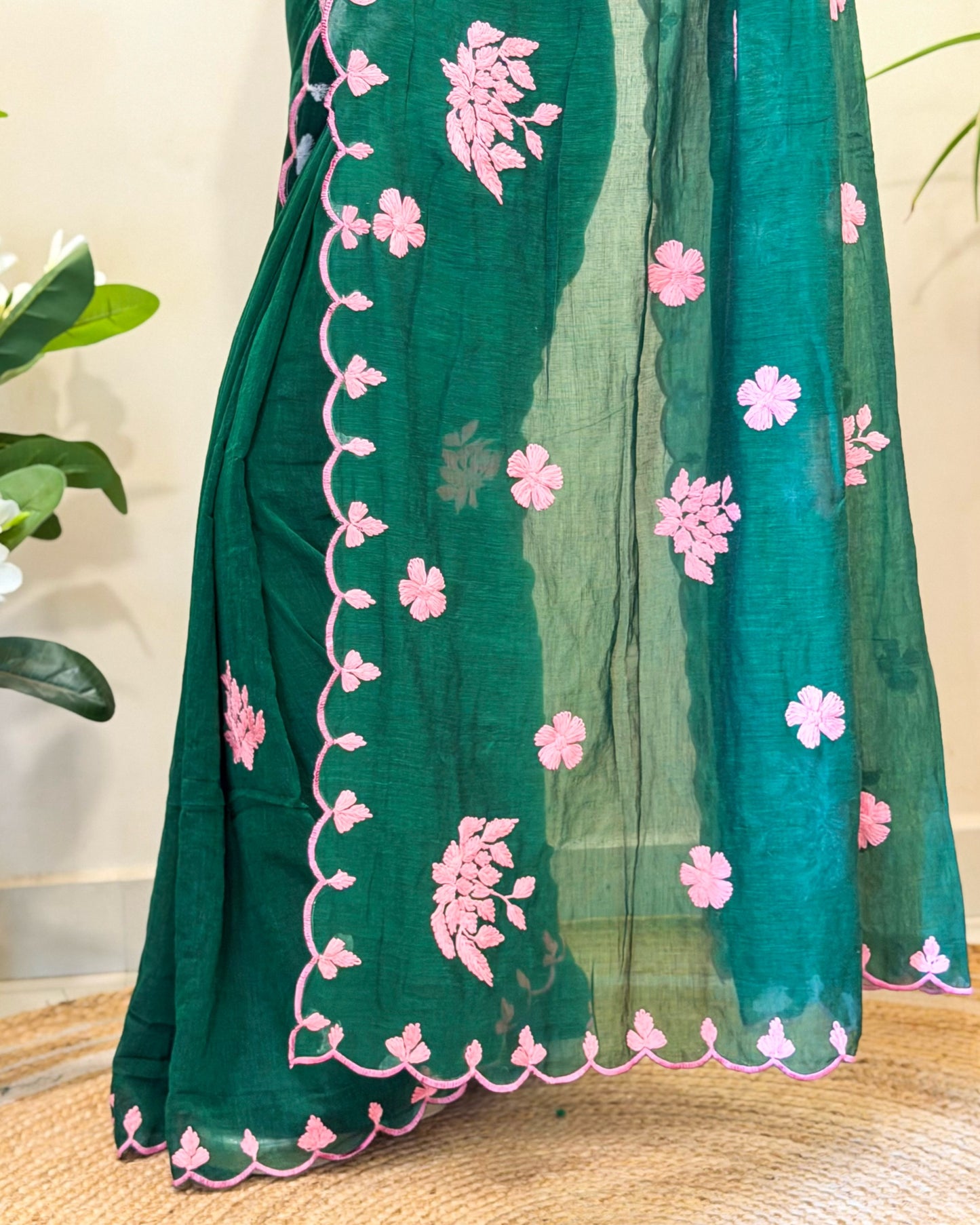 Meher Gul | Green Pink Hand Embroidered Mulmul Cotton Saree