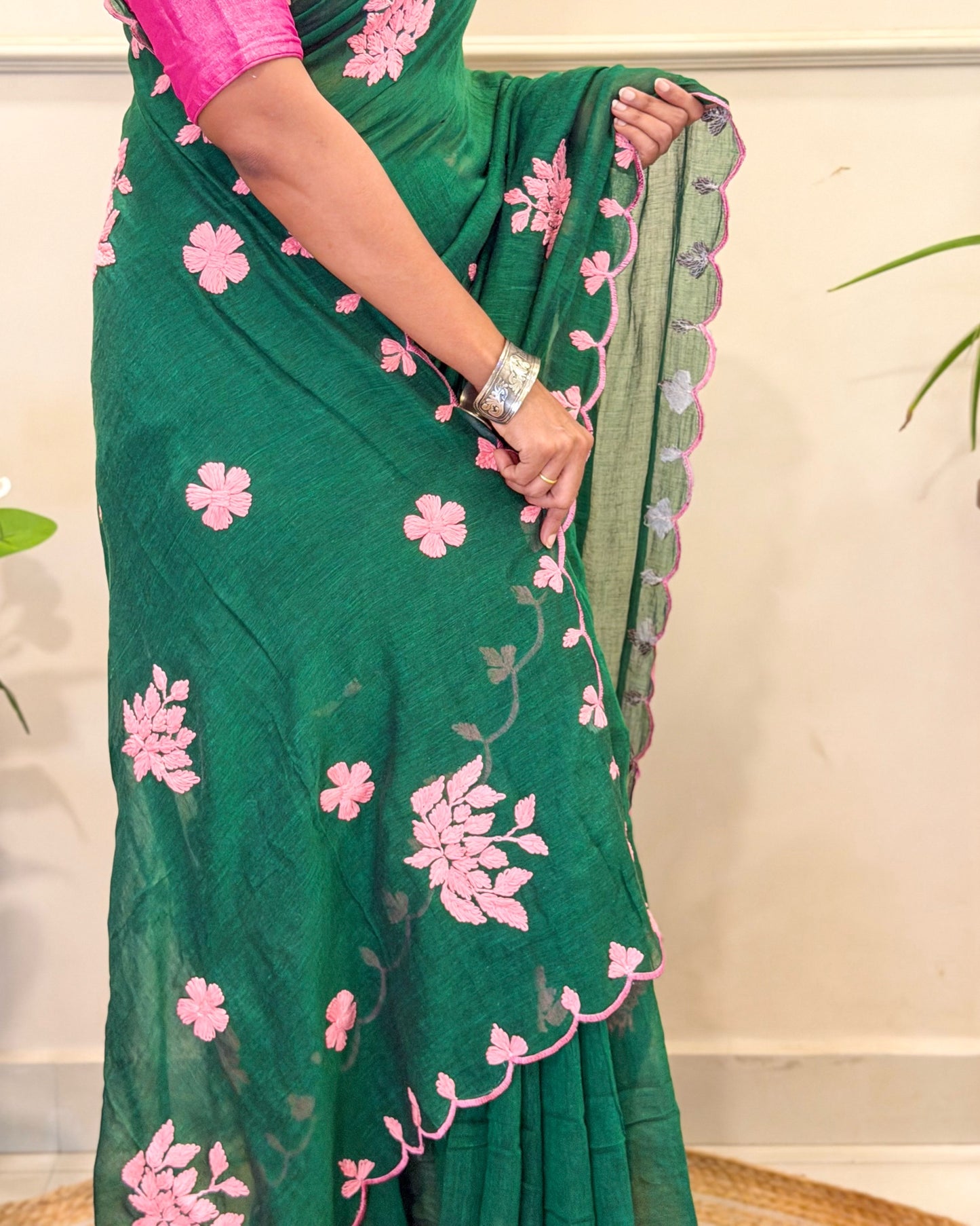Meher Gul | Green Pink Hand Embroidered Mulmul Cotton Saree