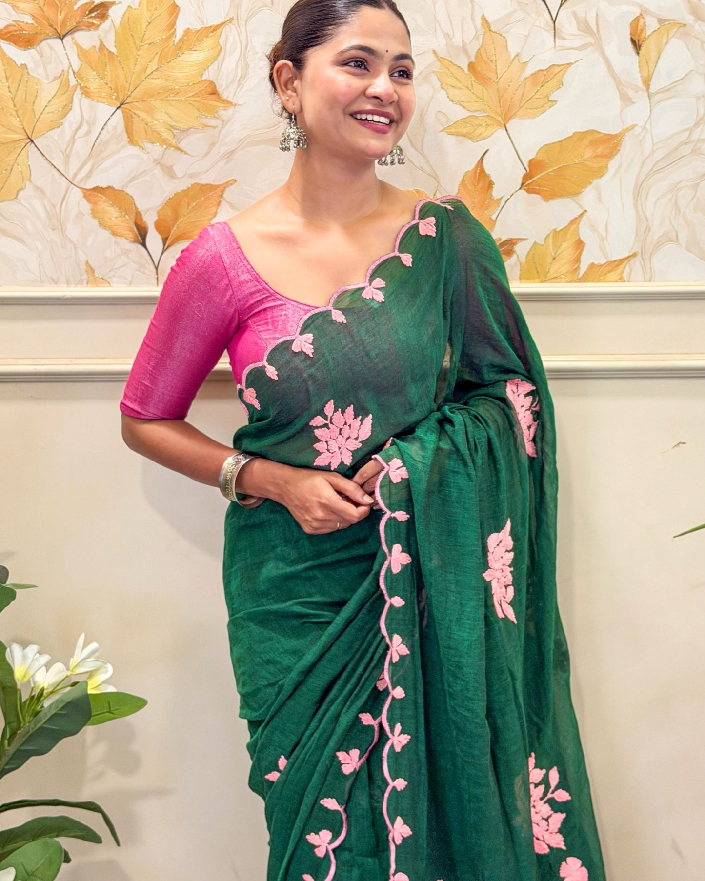 Meher Gul | Green Pink Hand Embroidered Mulmul Cotton Saree