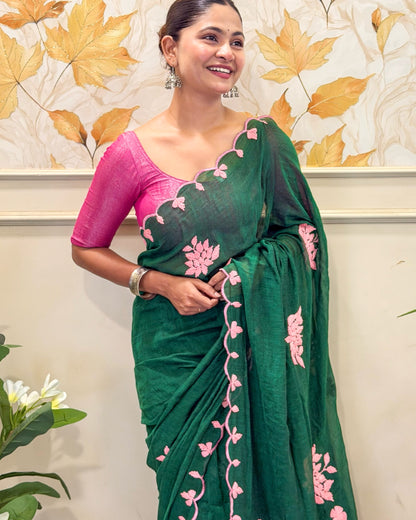 Meher Gul | Green Pink Hand Embroidered Mulmul Cotton Saree